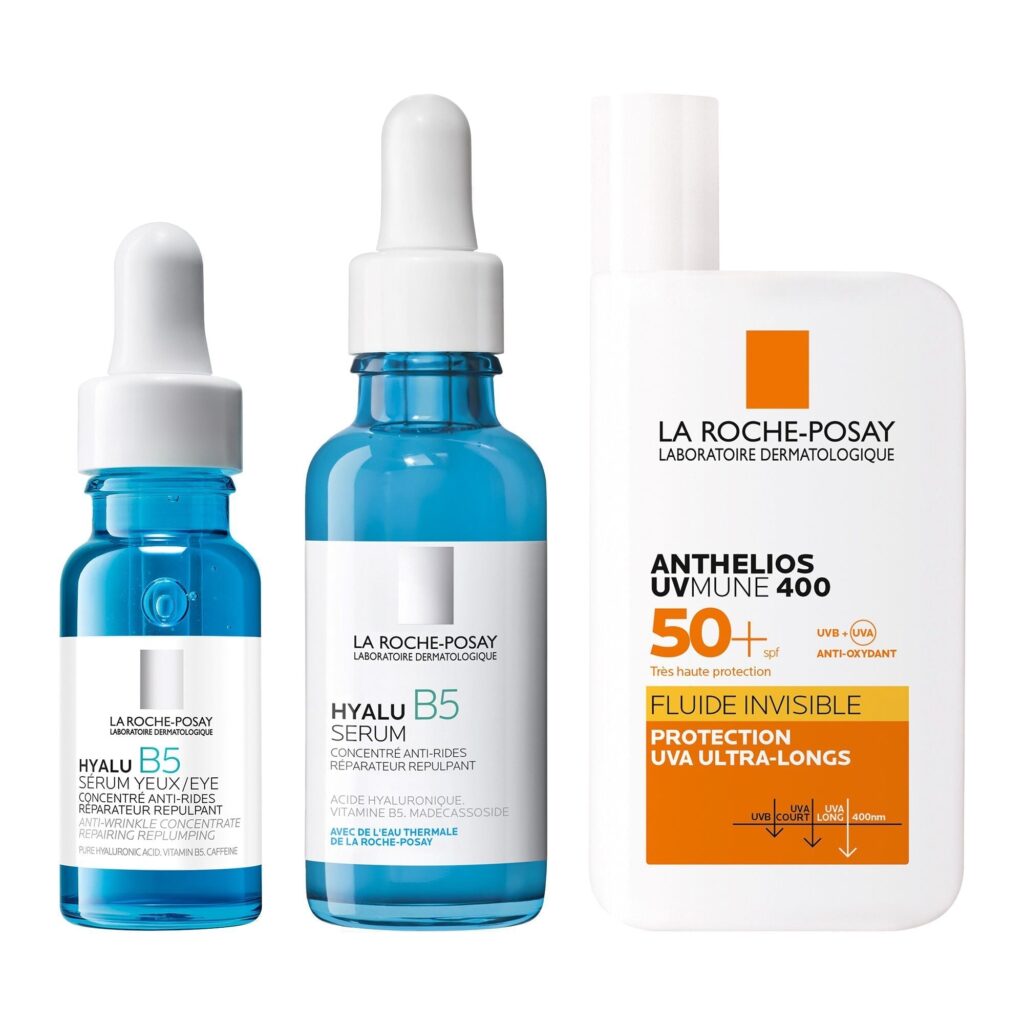 ROUTINE ANTI-ÂGE GLOBALE : SÉRUM HYALU B5 ET ANTHELIOS UVMUNE 400 FLUIDE INVISIBLE SPF50+